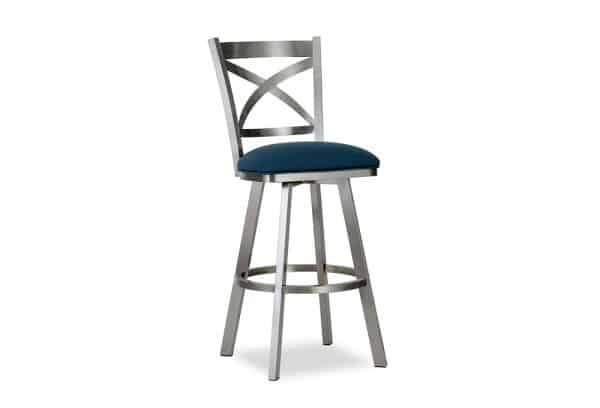 Brayden Bar Stool with shiny stainless steel legs and a blue seat in San Diego and San Marcos